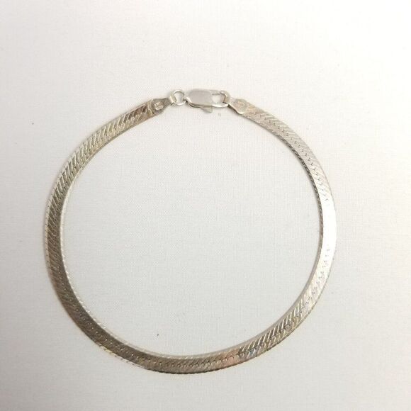 Vintage Sterling Silver Herringbone Flat Chain Bracelet, Made in Italy, Estate - Picture 3 of 8